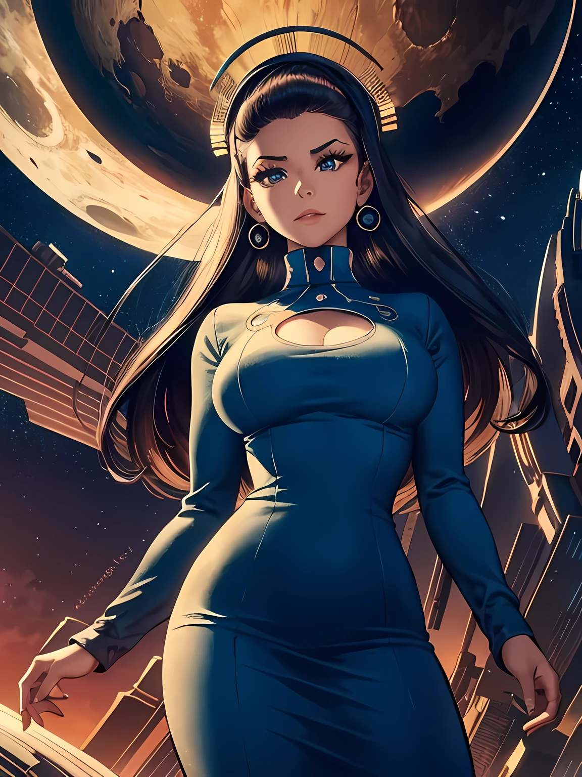 Masterpiece of a 1970's sci-fi pin-up: 1.3, (60's retro aesthetic:1.2),, arafed woman, in a vintage dress and headpiece, standing proudly in front of a stunning planetary city backdrop, inspired by the captivating works of Noriyoshi Ohrai, 4K, mycologist theme, YouTube thumbnail design, (high detail:1.5), Juxtapoz magazine style, near future 2030, widescreen perspective, expressing anticipation and wonder, captivating expression on her face, 1970's inspired bold makeup, long lashes, full