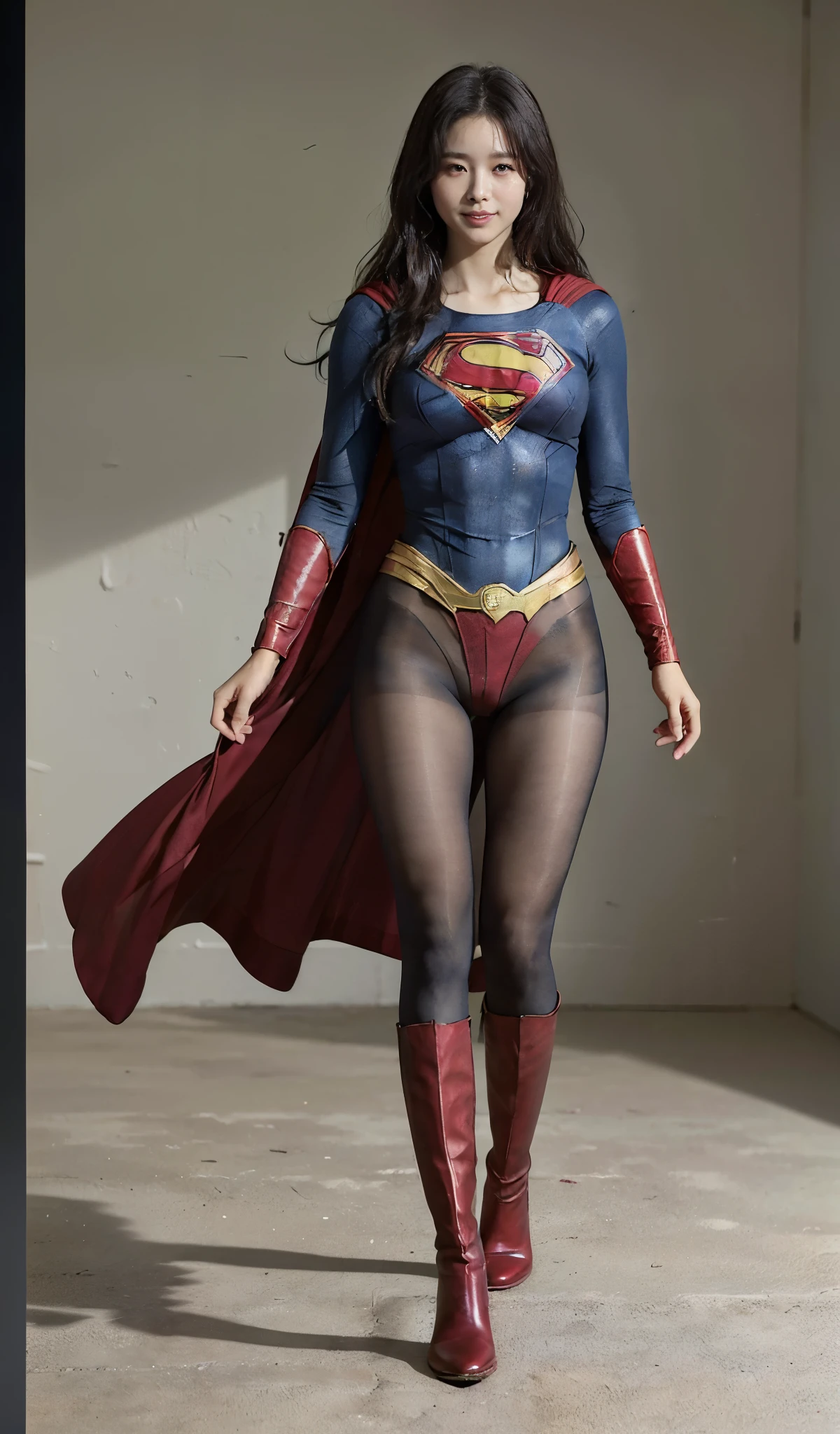 No background、(((Beautiful legs in black tights.)))、(((Legally express the beauty of your smile)))、((((Make the most of your original images)))、(((Supergirl Costume)))、(((Beautiful Hair)))、(((suffering)))、(((Please wear black tights....、Wear red boots)))、((Best image quality、8K))、((highest quality、8K、masterpiece:1.3))、(((Preserve background )))、Sharp focus:1.2、Beautiful woman with perfect figure:1.4、Thin abdominal muscles:1.2、Wet body:1.5、Highly detailed face and skin texture、8K