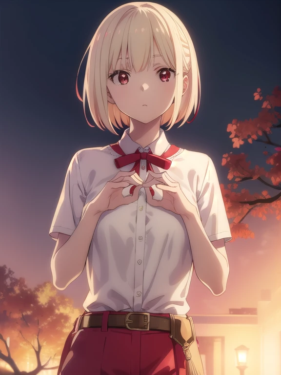 chisatonishikigi, chisato nishikigi, short hair, bangs, blonde hair, (red eyes:1.5), hair ribbon, one side up, bob cut, ribbon,belt, neck ribbon, (masterpiece:1.2), best quality, high resolution, unity 8k wallpaper, (illustration:0.8), (beautiful detailed eyes:1.6), extremely detailed face, perfect lighting, extremely detailed CG, (perfect hands, perfect anatomy),