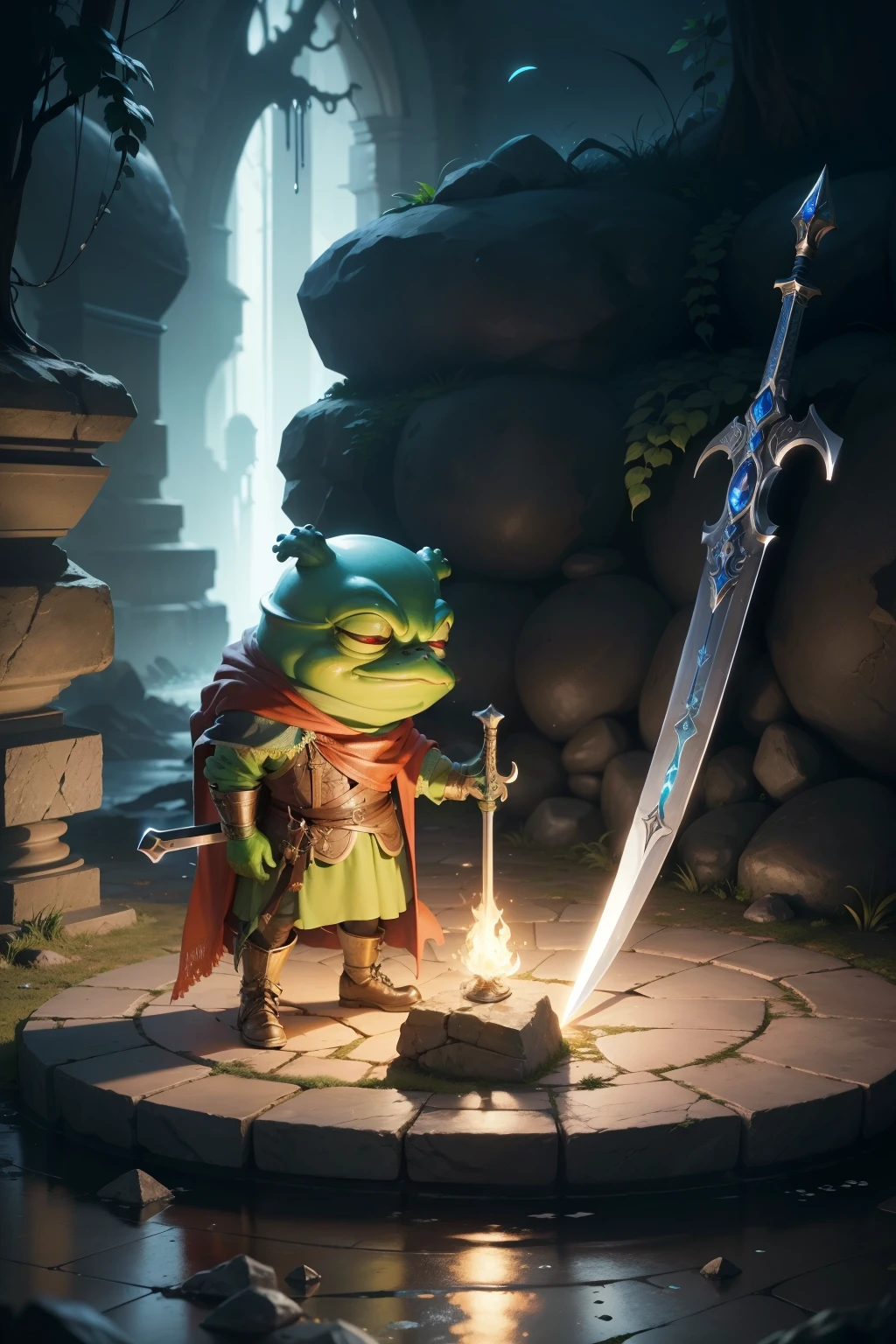 PEPE's frustration reached its peak as he tirelessly attempted each trick and tactic to free the enchanted sword from the stone. However, no method seemed to work, and as he exhausted all his options, his hope dwindled. But just as he was about to give up, the impossible happened. The sword, once embedded in the stone, suddenly melted into a pool of molten metal, leaving PEPE alone, with just the memory of his failed attempt and a deep sense of emptiness. The once promising quest now felt like a futile endeavor. The sentinel sword, now a puddle of liquefied metal, mirrored PEPE's own spirit–melted and