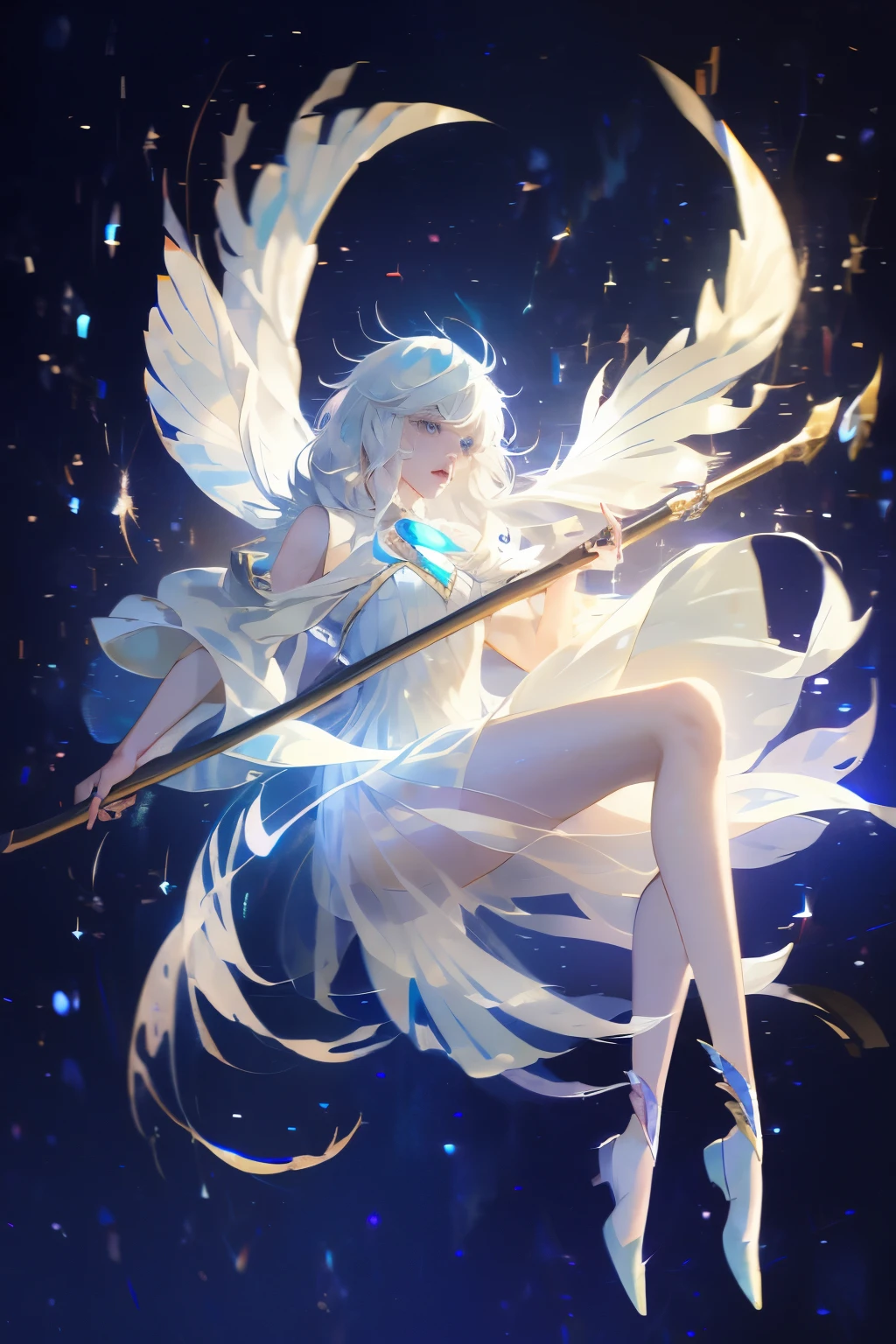 Anime girl with long white hair and blue skirt in the snow, White-haired deity, White hair floating in the air, Anime Fantasy Illustration, Flowing white hair, Beautiful young wind elf, Beautiful fantasy anime, shiny flowing hair, Ethereal Anime, beautiful anime artwork, Beautiful digital art work, Anime Fantasy Artwork, ((beautiful fantasy queen)), 2. 5 d cgi Anime Fantasy Artwork