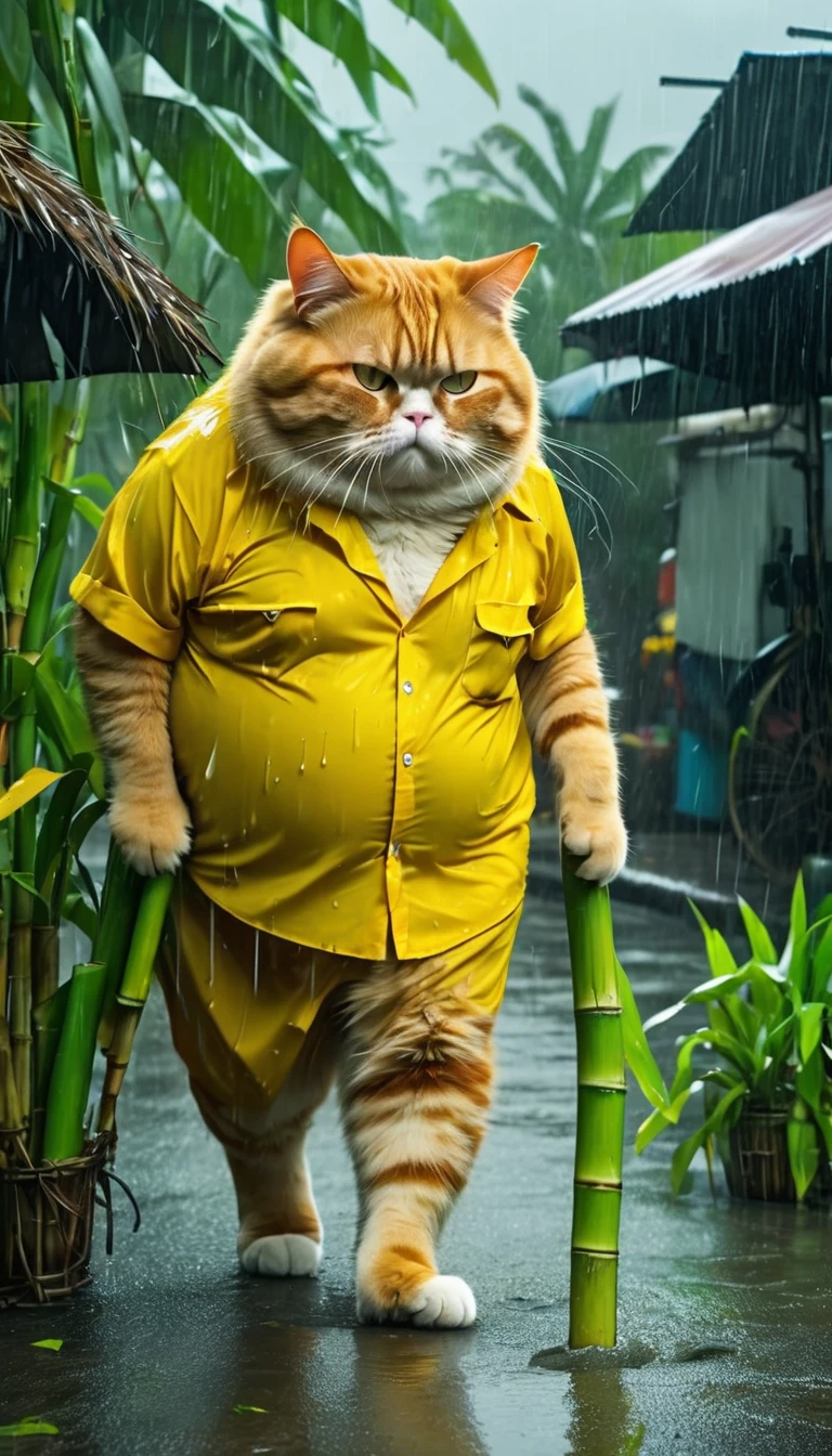 A sad orange fat cat, old pants, yellow shirt, one is stealing sugarcane from the locals, heavy rain, wind, strong thunder, 8k