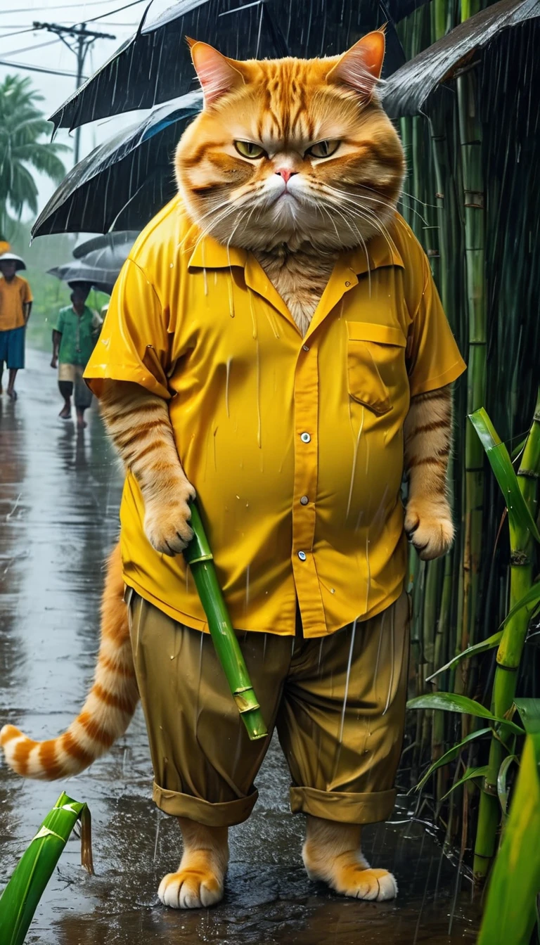 A sad orange fat cat, old pants, yellow shirt, one is stealing sugarcane from the locals, heavy rain, wind, strong thunder, 8k