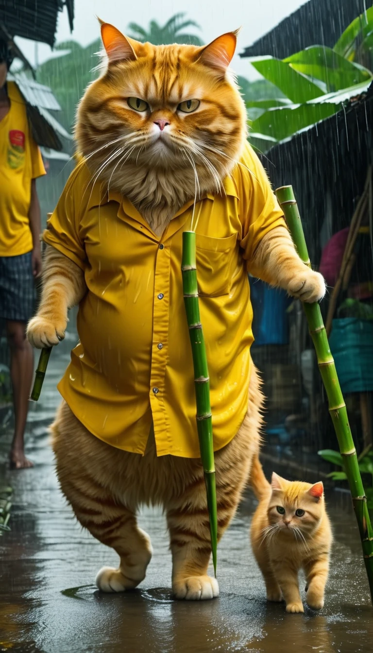 A sad orange fat cat, old pants, yellow shirt, one is stealing sugarcane from the locals, heavy rain, wind, strong thunder, 8k