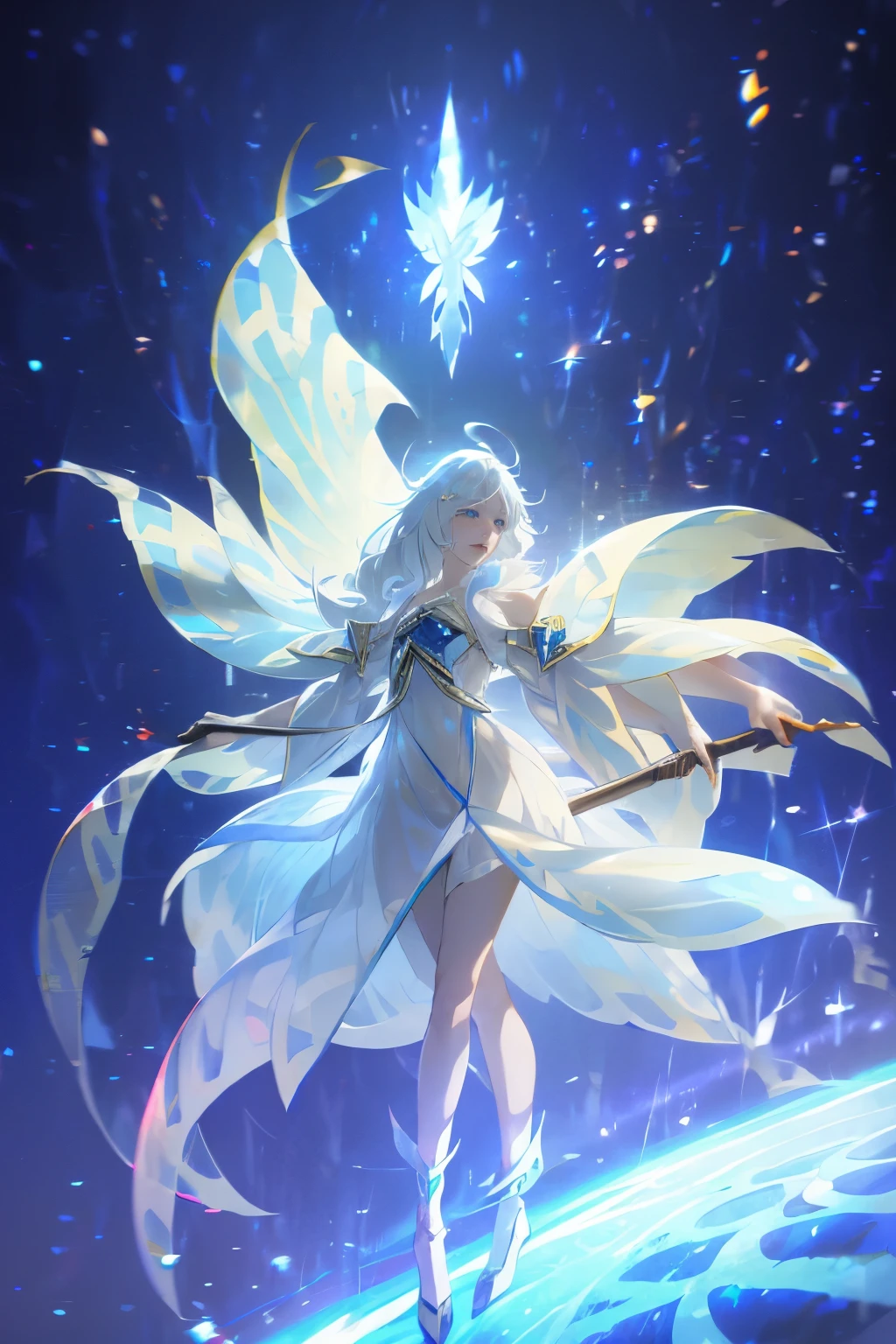 Anime girl with long white hair and blue skirt in the snow, White-haired deity, White hair floating in the air, Anime Fantasy Illustration, Flowing white hair, Beautiful young wind elf, Beautiful fantasy anime, shiny flowing hair, Ethereal Anime, beautiful anime artwork, Beautiful digital art work, Anime Fantasy Artwork, ((beautiful fantasy queen)), 2. 5 d cgi Anime Fantasy Artwork