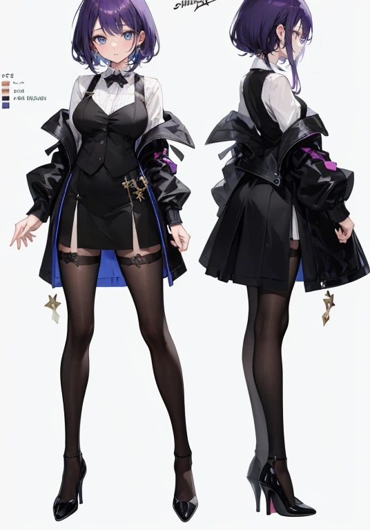((Perfect Face)),Purple Hair,,woman,,,Black vest,,slit,skirt,High heels,,((Simple light color background)),((smile)),((Full Body)),((full body)),Portraits,Character Sheet,upright,