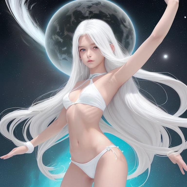 A 12 year old girl, hermosa, cuerpo perfecto, cabello largo color blanco, piel blanca, ojos azules, small breasts, cadera mediana,. Tiro de cuerpo completo. Pose activa, exprecion de plaser, mirando al espectador. Para de frente a un planeta desconocido