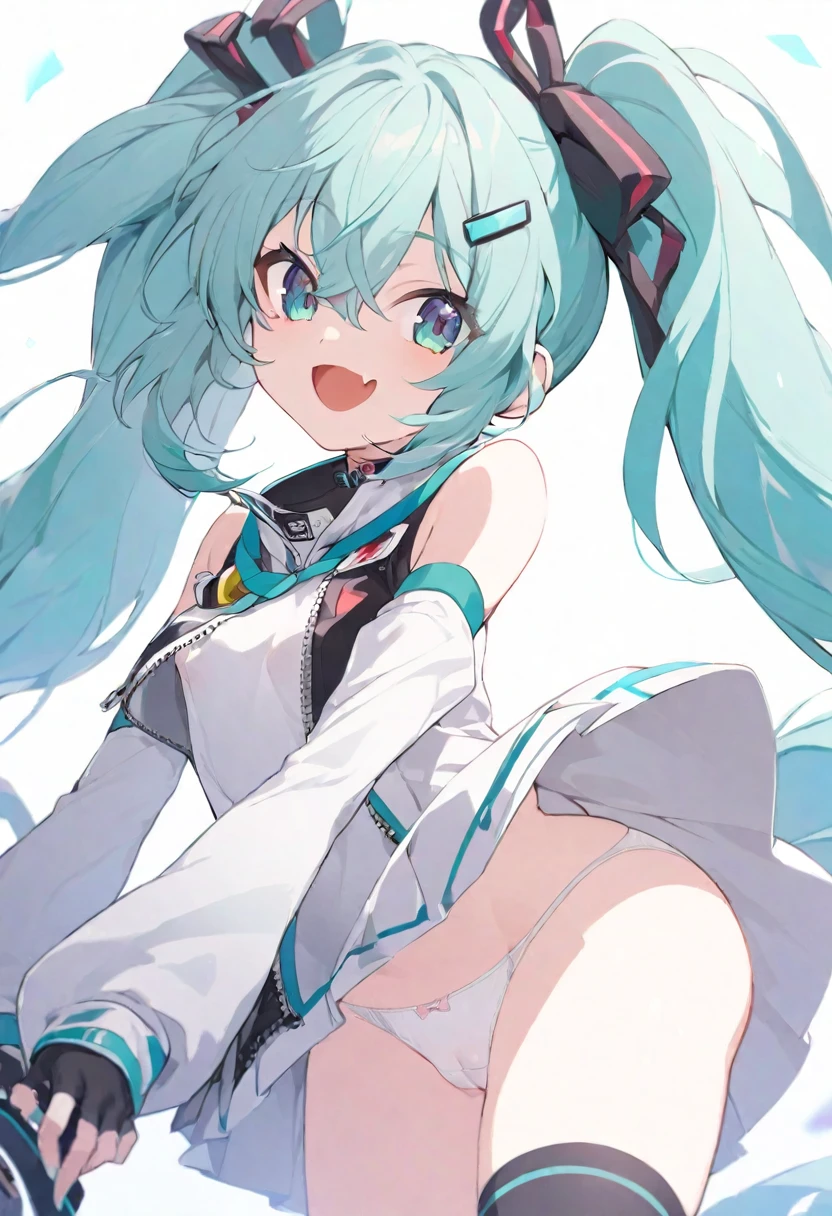  goodsmile_racing vocaloid hatsune_miku racing_miku racing_miku_(2023) absurdres commentary_request highres 1girl aqua_eyes aqua_hair ass black_gloves black_socks cameltoe crossed_bangs detached_sleeves fang fingerless_gloves from_below gloves hair_between_eyes hair_ornament long_hair looking_at_viewer looking_down microskirt panties pleated_skirt shirt skirt smile socks solo standing star_(symbol) star_hair_ornament thighs trefoil twintails underbutt underwear very_long_hair white_panties white_shirt white_skirt nipples