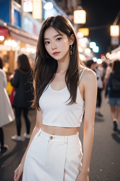 Realistic, 1 girl, long brown hair, slim body,slim face, white skirt, tank top, city street, night market, bokeh,