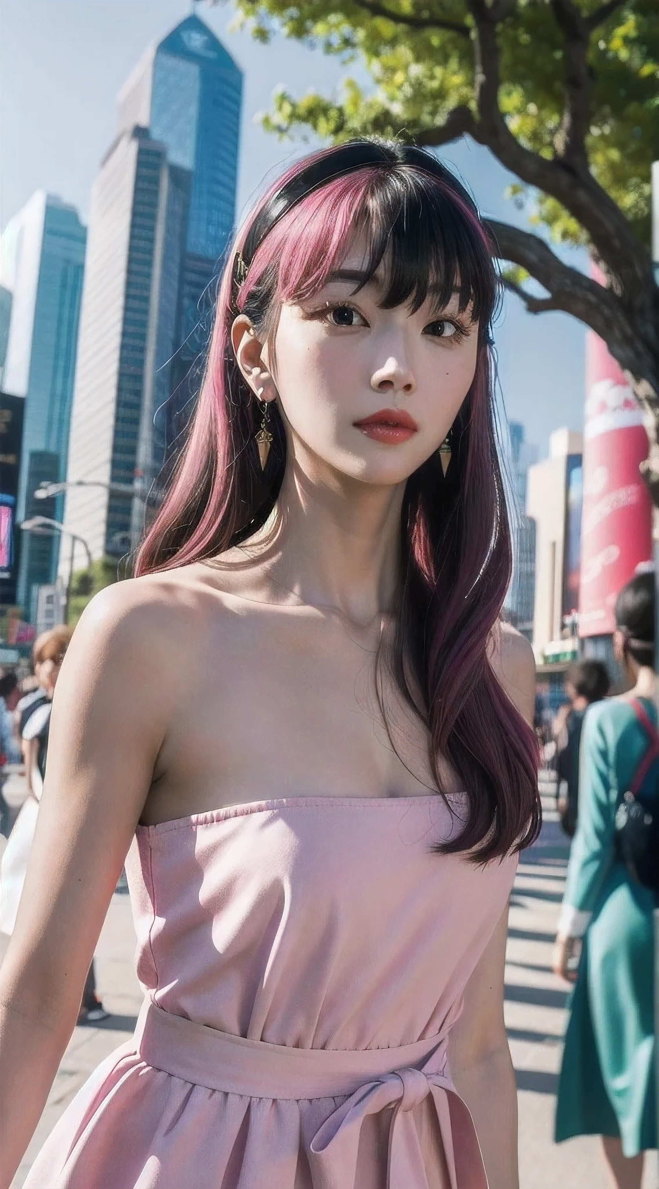 yor, Mature female, bangs, side locks, Red eyes, pink hair, hair adornments,sportrait, (face:1.2), 26 years old girls,bare shoulders, walking at time square buzz, (Robe:1.21), clavicle, Willow Branch, (masterpiece best quality :1.2),