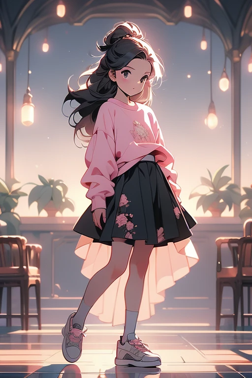 (Obra maestra:1.2), Mejor calidad, (illustration:1.2), (ultra detallado), hiper detalles, (delicado detallado), (detalles intrincados), (cinematic light, Mejor calidad Backlights), Delete line, solista, Cuerpo perfecto, (1 chica), Anime style of a young teenager, she is dressed a pink pastel sweatshirt, goth black skirt, with black hair full body, (constituir), alto contraste, (mejor iluminacion, un extremadamente creado y hermoso), (cinematic light), vistoso,