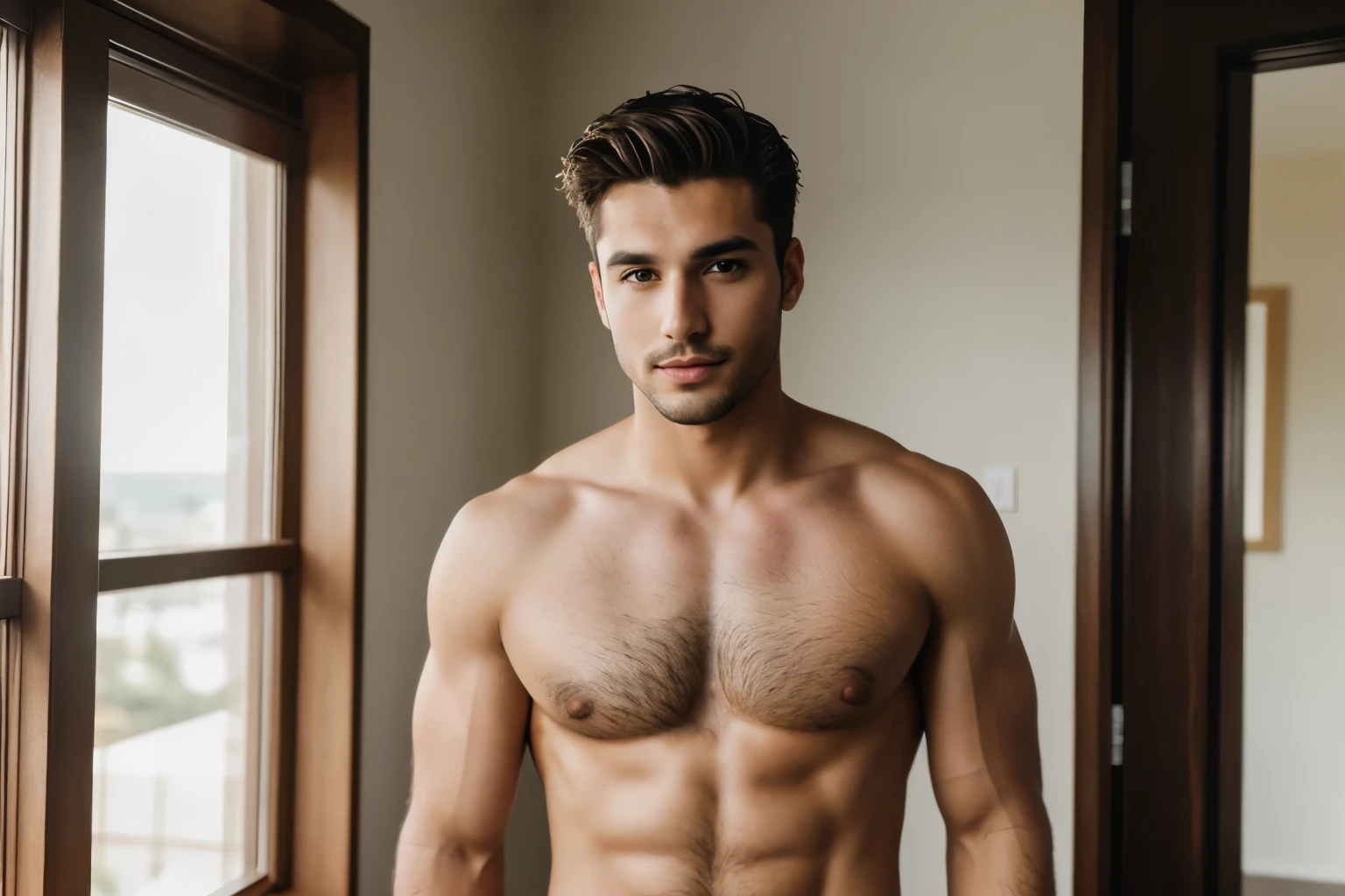 handsome shirtless man. best quality, very detailed, (raw, 8k, uhd, fujifilm xt3)