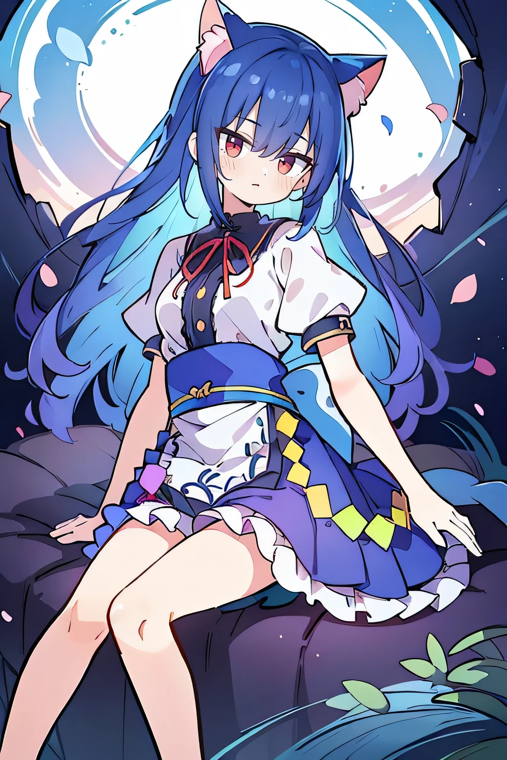(masterpiece:1.2),Super detailed,Practical,expressive eyes,Fair skin,Perfect face shaping,1 Girl,
Japanese cartoons,Gorgeous blue hair, the long flowing blue hair,Floating clothes,Cat ears,Petals falling,beautiful lola,Young Angel,
Hands on waist,sit elegantly on the ground,Cross your legs,Gentle and peaceful background,Cool and cozy pavilion,sunrise,