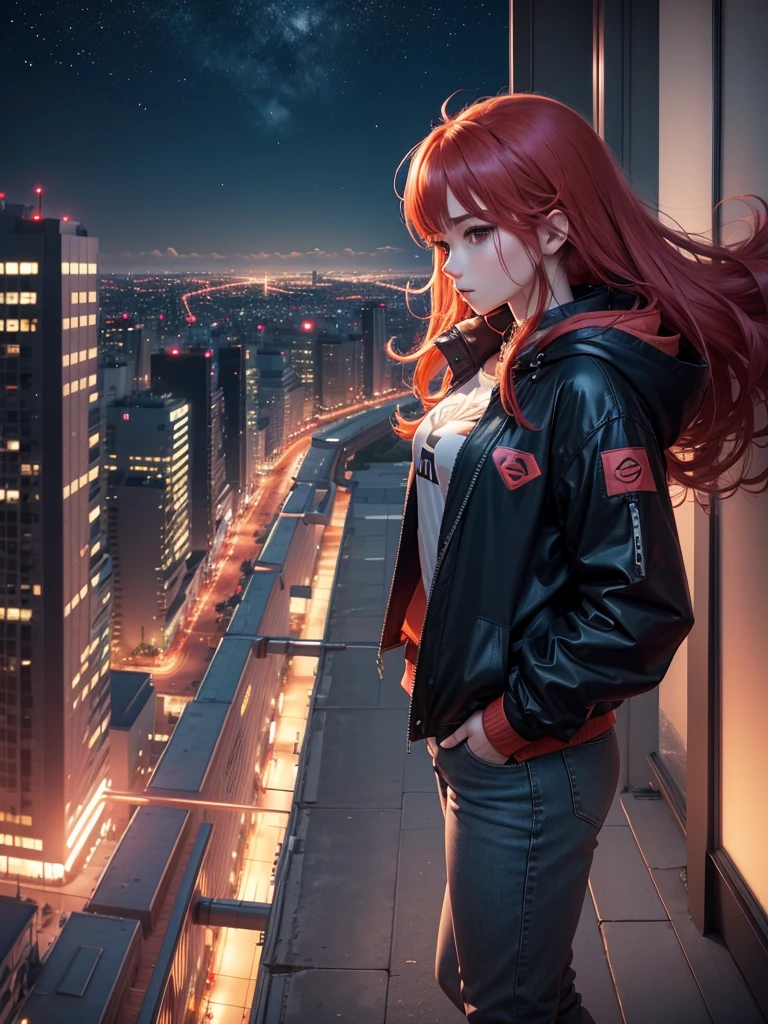 (best quality,4K,8k,high resolution:1.2),Super detailed, A girl, Vermillion hair, scarlet hair, Blowing in the wind, Looking into the distance, Cyan eyes, anime style,panoramic, Vision, Stand aside, Hands in pockets,Pants,Fashionable clothes,Sportswear,Wide trench coat,Neon Tokyo,View from the roof, View from high-rise buildings, roof, city View,Night Sky,Star