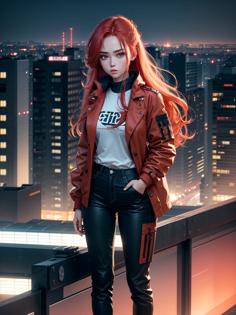 (best quality,4K,8k,high resolution:1.2),Super detailed, A girl, Vermillion hair, scarlet hair, Blowing in the wind, Looking into the distance, Cyan eyes, anime style,panoramic, Vision, Stand aside, Hands in pockets,Pants,Fashionable clothes,Sportswear,Wide trench coat,Neon Tokyo,View from the roof, View from high-rise buildings, roof, city View,Night Sky,Star