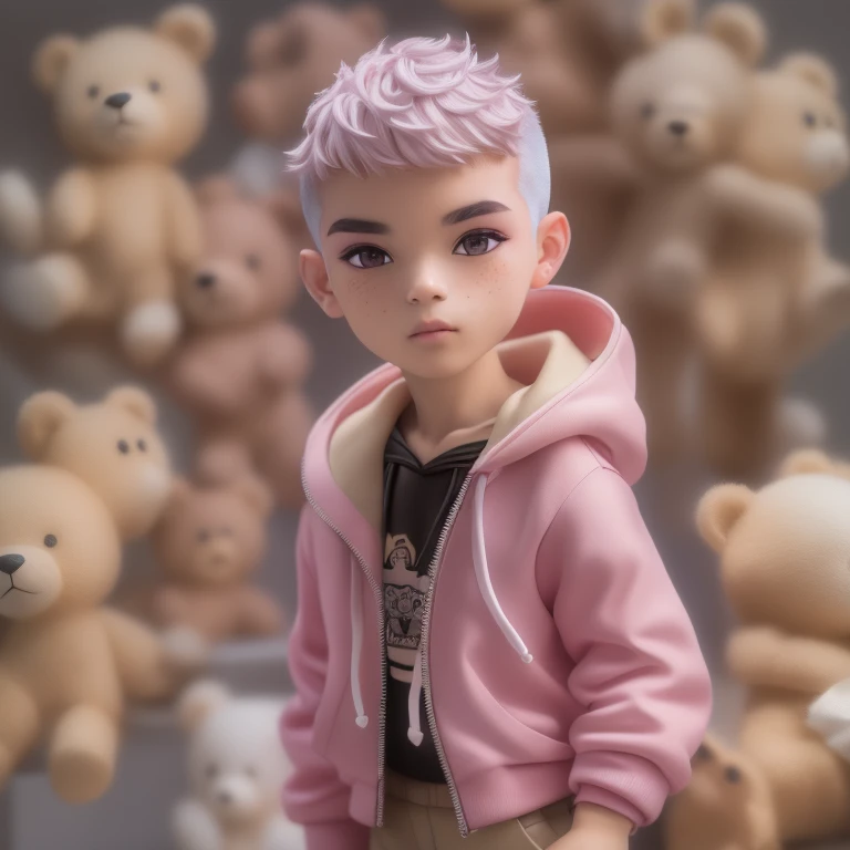 Candid pop mart blind box, collectable toy, (full-body:1.4) of mixed  male supermodel, big prince eyes, natural freckle, (silver-pink hair color, (buzz cut hairstyle), small shoulder, angular jaws, thick neck, thick eyebrow, detailed face, big ears, tan skin, realistic PVC texture, fine luster, he embodies youthfulness, athleticism, and he exudes a unique allure, exotic face, ((wears teddy bear hoodie costume)), (pastel, earth tone colors), (standing at neutral background), Captured in a full-body pose with dynamic angle, the focus of the photo is on his captivating presence and the intricate details of the surroundings, he photo is taken with a Canon EOS 5D Mark III with a 50mm f/1.8 lens, f/2.2 aperture, shutter speed 1/200s, ISO 100, and natural cinematic light,  by Thomas Synnamon, professional photographer, Employing three-point lighting and incorporating 3D animation shadows enhance the models' features and add depth to the composition. chibi, cute, 3d render, OC render, 3d model, blender render, good lighting, ultra detail, 8k , seductive lighting, intricate details,