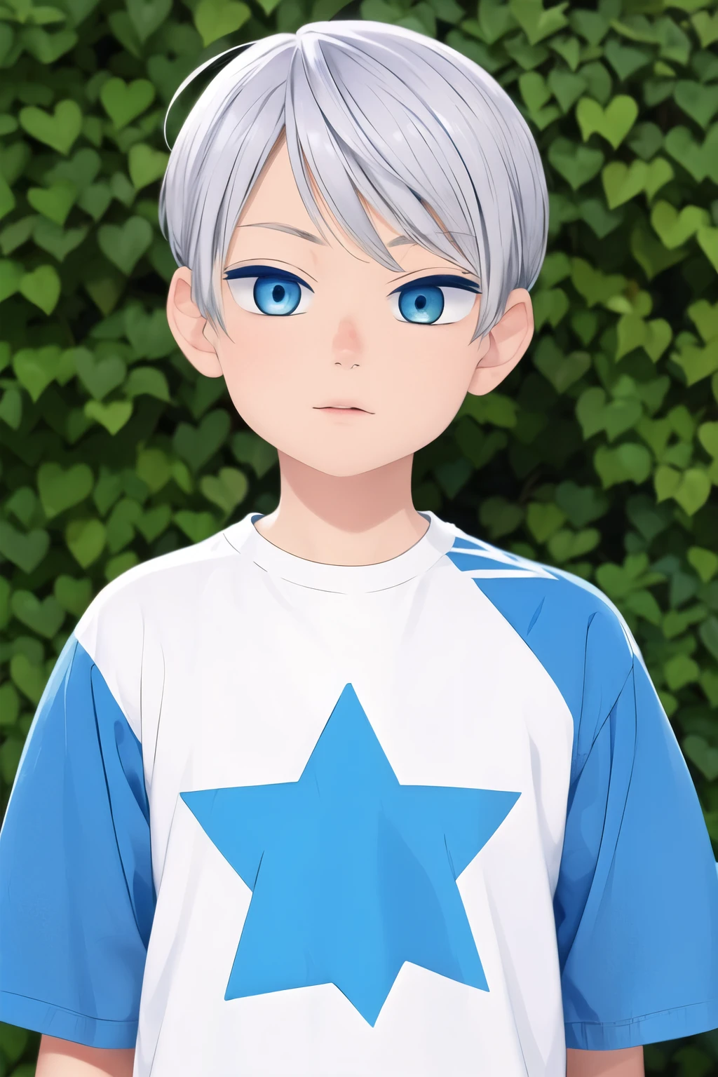 Boy, silver hair, blue eyes, serious sharp features, white skin, T-shirt, jacket