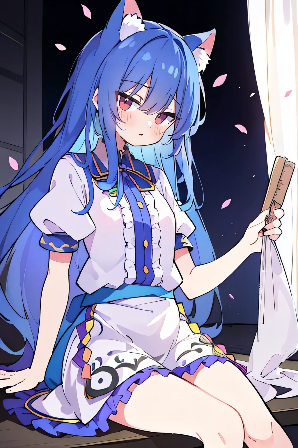 (masterpiece:1.2),Super detailed,Practical,expressive eyes,Fair skin,Perfect face shaping,1 Girl,
Japanese cartoons,Gorgeous blue hair, the long flowing blue hair,Floating clothes,Cat ears,Petals falling,beautiful lola,Young Angel,
Hands on waist,sit elegantly on the ground,Cross your legs,Gentle and peaceful background,Cool and cozy pavilion,sunrise,