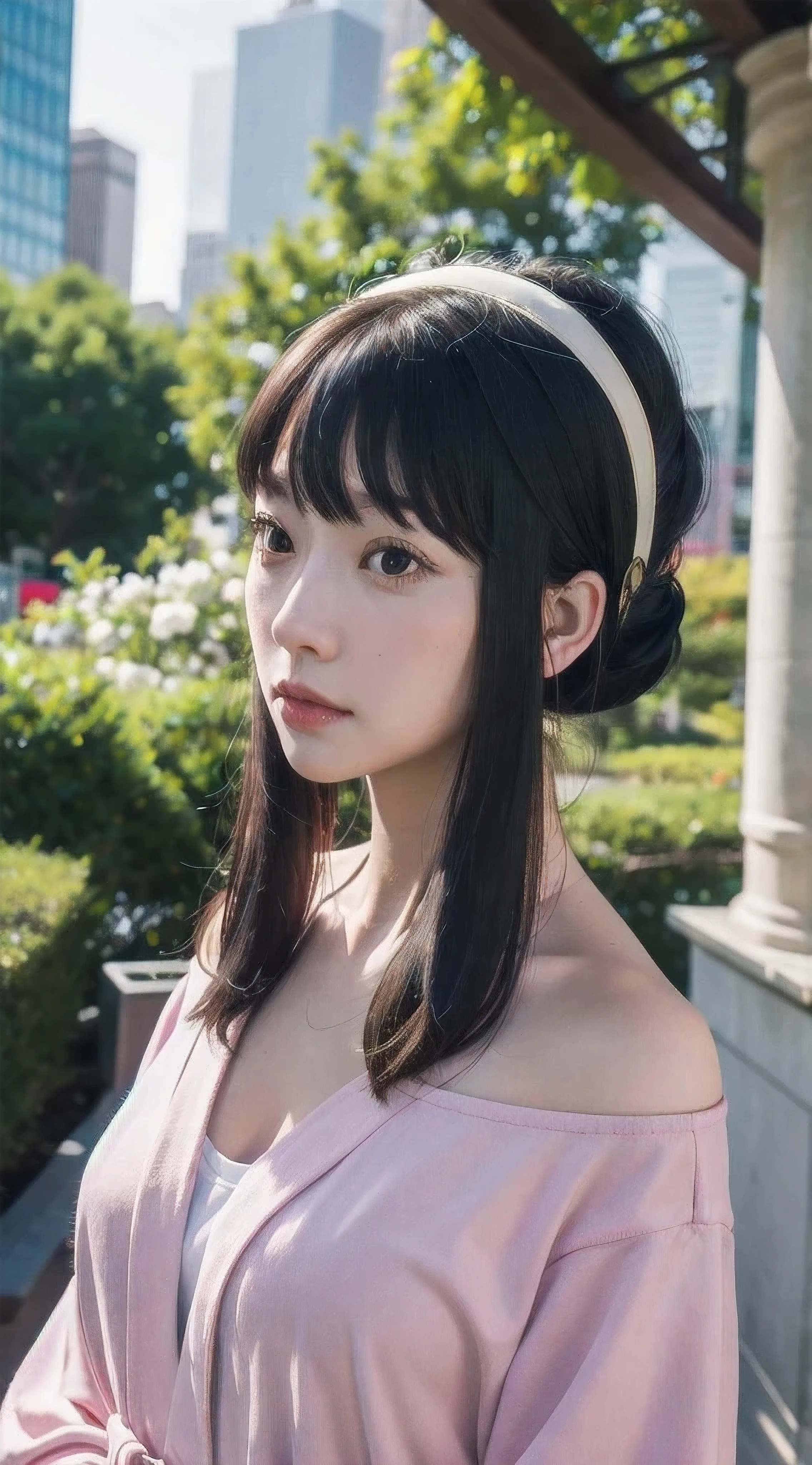 yor, Mature female, bangs, side locks, Red eyes, pink hair, hair adornments,sportrait, (face:1.2), 26 years old schoolgirls,bare shoulders, walking at time square buzz, (Robe:1.21), clavicle, Willow Branch, (masterpiece best quality :1.2),