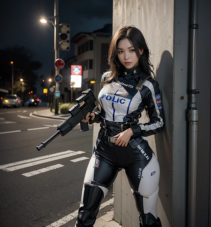 Highest image quality, outstanding details, ultra-high resolution, (realism: 1.4), ((full body:0.5, looking at front)), highly condensed 1girl, with beautiful and a delicate face, ((shooting a machinegun)), (wearing racing suit likes police uniform, black and gray mecha, wearing a night-vision goggle, military harness, holding a machinegun), background simple grey wall,