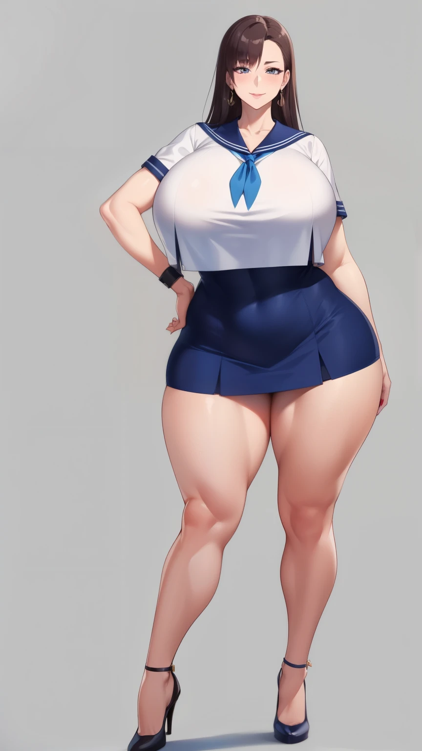 Big Breasts, Big Hips, Full Body Shot, Mature mother, Voluptuous thighs, Ample calves, Seductive mature woman, Perfect body, Plus Size Model, Sailor suit, Wearing high heels,Miniskirt Uniform,