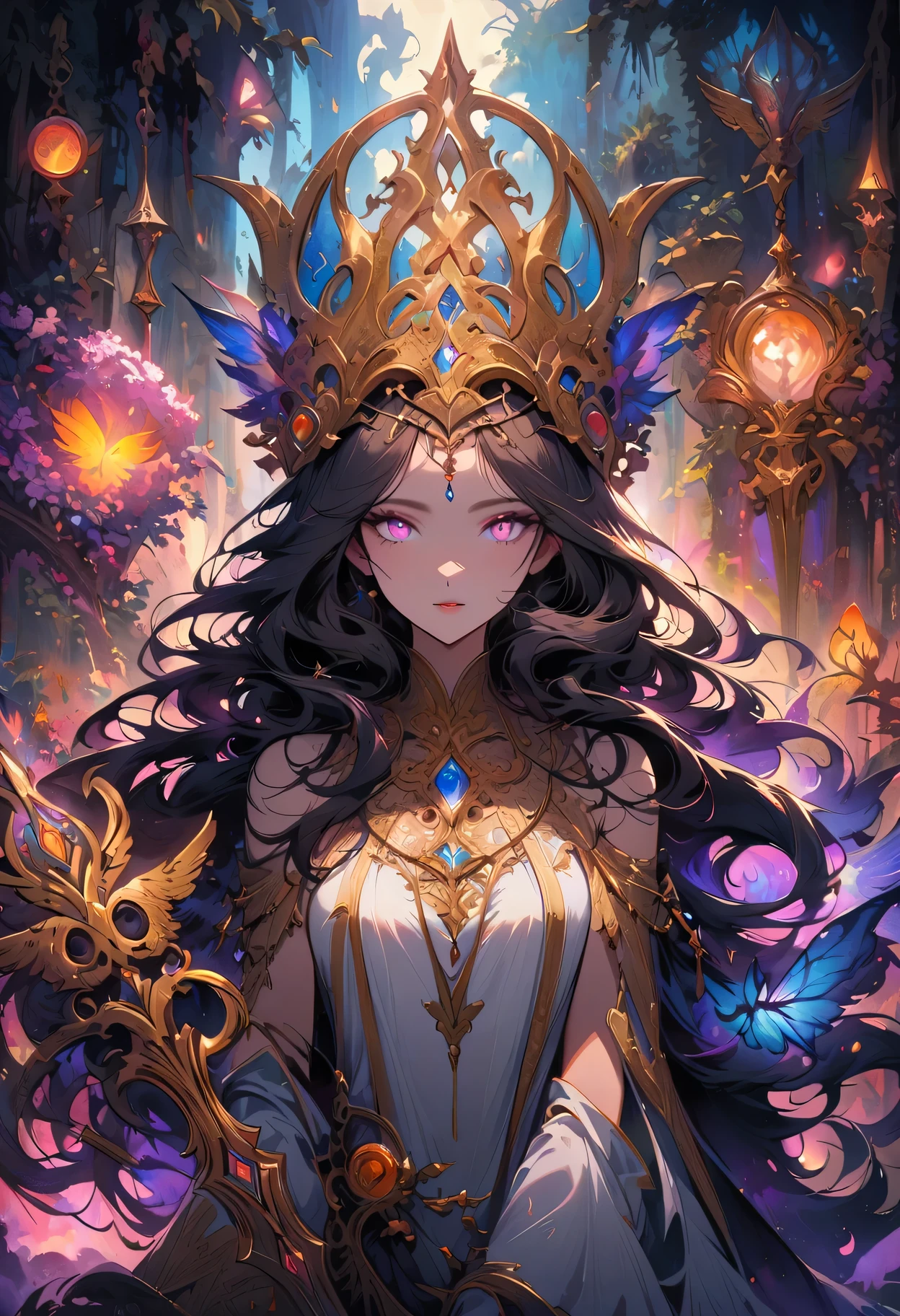 dark elf, priestess, golden jewelry, intricate details, mystical atmosphere, glowing eyes, ethereal beauty, delicate features, flowing hair, majestic headdress, ornate necklace, intricate bracelets, ancient symbols, shimmering staff, mysterious aura, moonlit forest, enchanted ruins, magical powers, divine radiance, peaceful serenity, subtle shadows, rich textures, vibrant colors, epic fantasy, otherworldly charm, surreal elements, ethereal light effects, captivating composition, powerful storytelling.