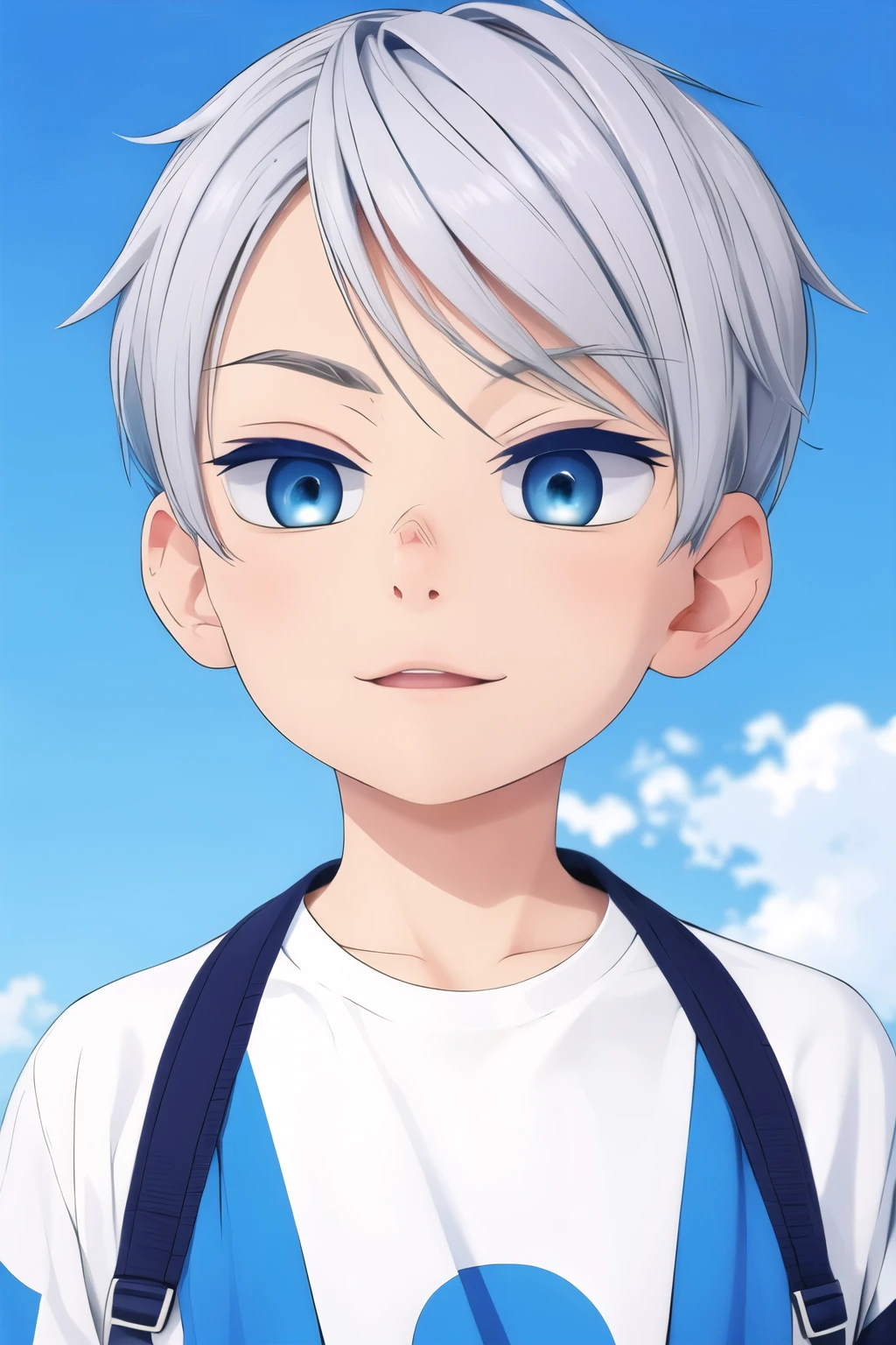 Boy, silver hair, blue eyes, serious sharp features, white skin, T-shirt, jacket