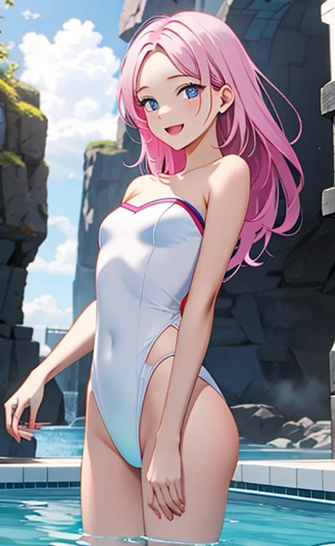(masterpiece:1.4、top-quality、illustration:1.4,realistic、)、(character focus、breast focus,upper body:1.3)、(1girl),(Open mouth happy smile:1.3),(half closed eyes),cute face,blue eyes、()、
,(stand:1.4),(Shining smile),
,(slender),(white strapless swimsuit:1.3),(pink long hair:1.6,forehead:1.3), (small breasts:1.3)、
、slender、pool,、