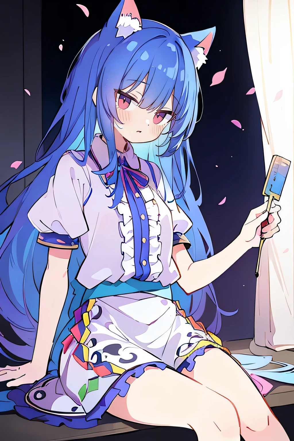 (masterpiece:1.2),Super detailed,Practical,expressive eyes,Fair skin,Perfect face shaping,1 Girl,
Japanese cartoons,Gorgeous blue hair, the long flowing blue hair,Floating clothes,Cat ears,Petals falling,beautiful lola,Young Angel,
Hands on waist,sit elegantly on the ground,Cross your legs,Gentle and peaceful background,Cool and cozy pavilion,sunrise,
