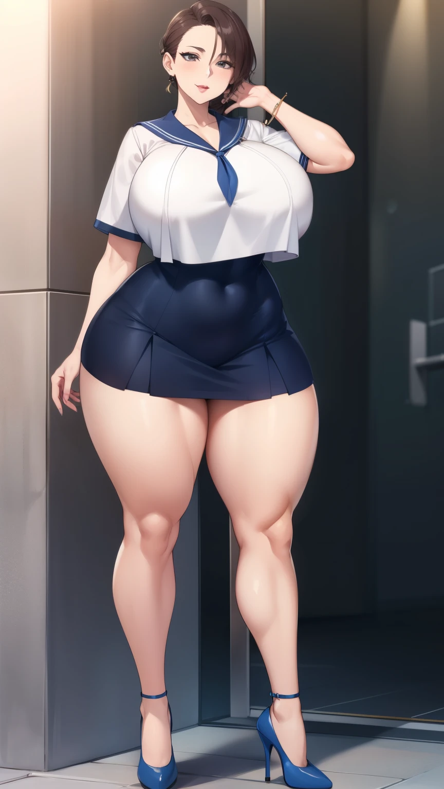 Big Breasts, Big Hips, Full Body Shot, Mature mother, Voluptuous thighs, ox, Seductive mature woman, Perfect body, Plus Size Model, Sailor suit, Wearing high heels,Miniskirt Uniform,