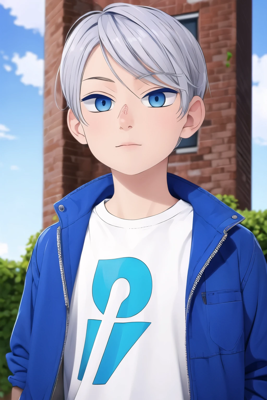 Boy, silver hair, blue eyes, serious sharp features, white skin, T-shirt, jacket