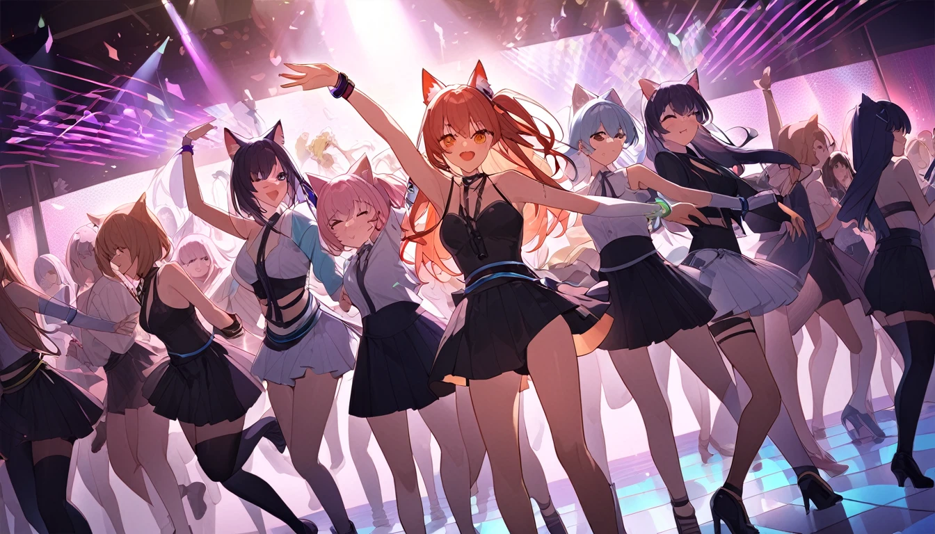 1. A group of people dancing energetically at a nightclub - "Dance floor frenzy",cat ear