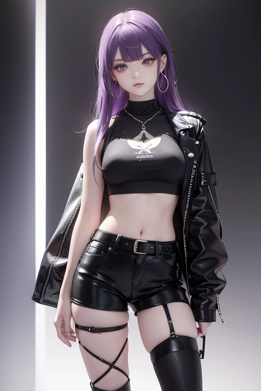 (Obra maestra:1.2), Mejor calidad, (illustration:1.2), (ultra detallado), hiper detalles, (delicado detallado), (detalles intrincados), (cinematic light, Mejor calidad Backlights), Delete line, solista, Cuerpo perfecto, (1 chica), Anime style of a young ager with long, straight purple hair that falls to her waist, with streaks of darker purple running through it. Her eyes are a striking shade of gold, with a piercing gaze and almond-shaped. She has a fair complexion with a few faint freckles across her cheeks. She is dressed in punk fashion, wearing a cropped leather jacket adorned with studs and patches. She pairs it with ripped black skinny jeans and combat boots, laced up with thick chains. Underneath the jacket, she wears a torn band t-shirt featuring her favorite punk band. She has fishnet stockings peeking out from under her jeans and multiple silver hoop earrings lining her ears., (constituir), alto contraste, (mejor iluminacion, un extremadamente creado y hermoso), (cinematic light), vistoso,
