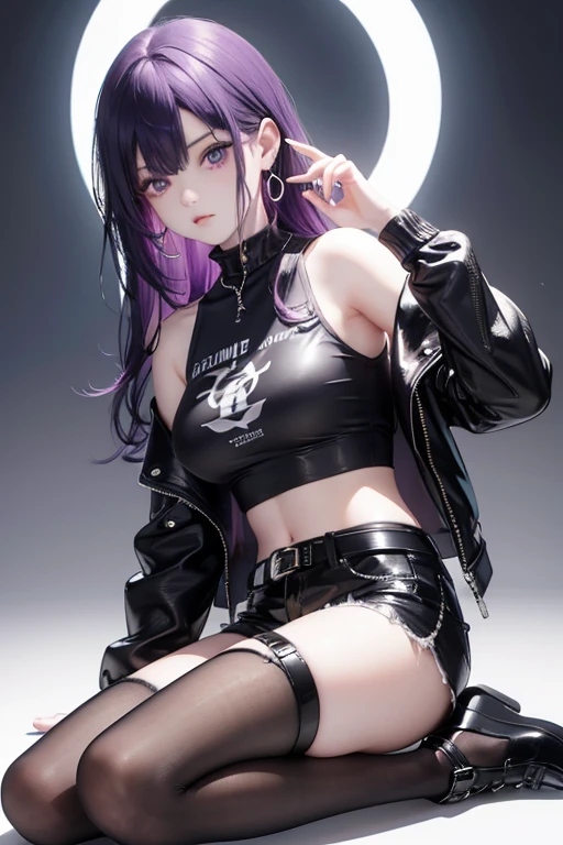 (Obra maestra:1.2), Mejor calidad, (illustration:1.2), (ultra detallado), hiper detalles, (delicado detallado), (detalles intrincados), (cinematic light, Mejor calidad Backlights), Delete line, solista, Cuerpo perfecto, (1 chica), Anime style of a young ager with long, straight purple hair that falls to her waist, with streaks of darker purple running through it. Her eyes are a striking shade of gold, with a piercing gaze and almond-shaped. She has a fair complexion with a few faint freckles across her cheeks. She is dressed in punk fashion, wearing a cropped leather jacket adorned with studs and patches. She pairs it with ripped black skinny jeans and combat boots, laced up with thick chains. Underneath the jacket, she wears a torn band t-shirt featuring her favorite punk band. She has fishnet stockings peeking out from under her jeans and multiple silver hoop earrings lining her ears., (constituir), alto contraste, (mejor iluminacion, un extremadamente creado y hermoso), (cinematic light), vistoso,