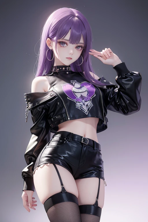 (Obra maestra:1.2), Mejor calidad, (illustration:1.2), (ultra detallado), hiper detalles, (delicado detallado), (detalles intrincados), (cinematic light, Mejor calidad Backlights), Delete line, solista, Cuerpo perfecto, (1 chica), Anime style of a young ager with long, straight purple hair that falls to her waist, with streaks of darker purple running through it. Her eyes are a striking shade of gold, with a piercing gaze and almond-shaped. She has a fair complexion with a few faint freckles across her cheeks. She is dressed in punk fashion, wearing a cropped leather jacket adorned with studs and patches. She pairs it with ripped black skinny jeans and combat boots, laced up with thick chains. Underneath the jacket, she wears a torn band t-shirt featuring her favorite punk band. She has fishnet stockings peeking out from under her jeans and multiple silver hoop earrings lining her ears., (constituir), alto contraste, (mejor iluminacion, un extremadamente creado y hermoso), (cinematic light), vistoso,