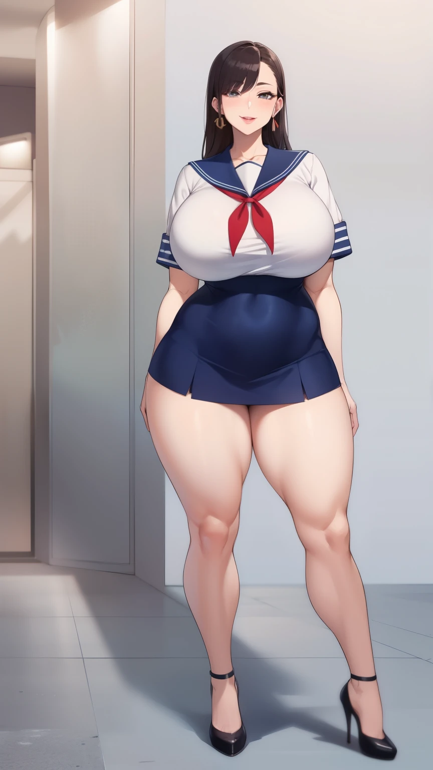 Big Breasts, Big Hips, Full Body Shot, Mature mother, Voluptuous thighs, Full calf, Seductive mature woman, Perfect body, Plus Size Model, Sailor suit, Wearing high heels,Miniskirt uniform, 