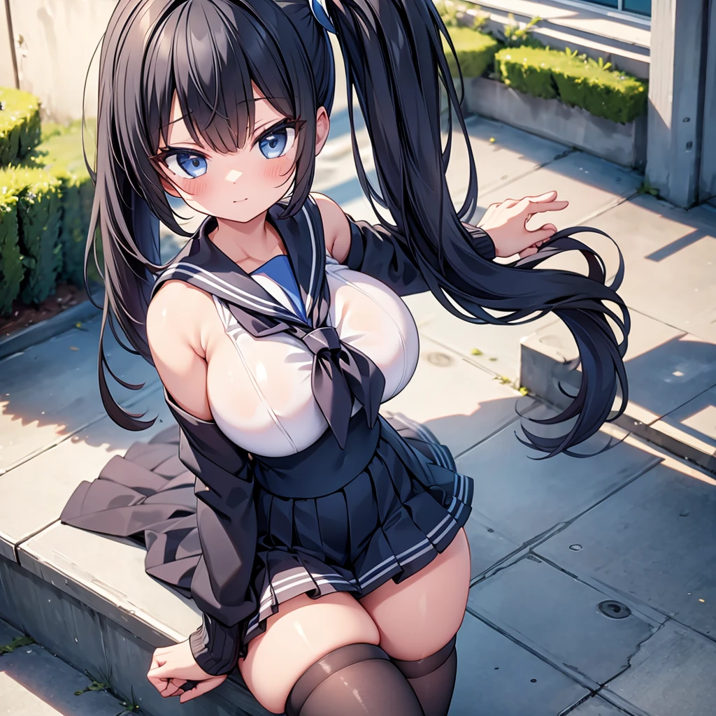 highest quality,wonderful,finely,extremely detailed CG Unity 8K wallpaper, (1 girl, Black Hair, side ponytail),(huge breasts:1.1),(sailor dress:1.3), (black stockings:1.1),(Thighs:1.1),(Waistline:1.1)