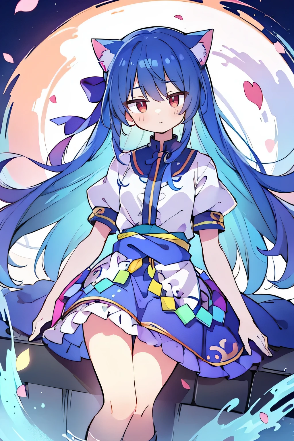 (masterpiece:1.2),Super detailed,Practical,expressive eyes,Fair skin,Perfect face shaping,1 Girl,
Japanese cartoons,Gorgeous blue hair, the long flowing blue hair,Floating clothes,Cat ears,Petals falling,beautiful lola,Young Angel,
Hands on waist,sit elegantly on the ground,Cross your legs,Gentle and peaceful background,Cool and cozy pavilion,sunrise,