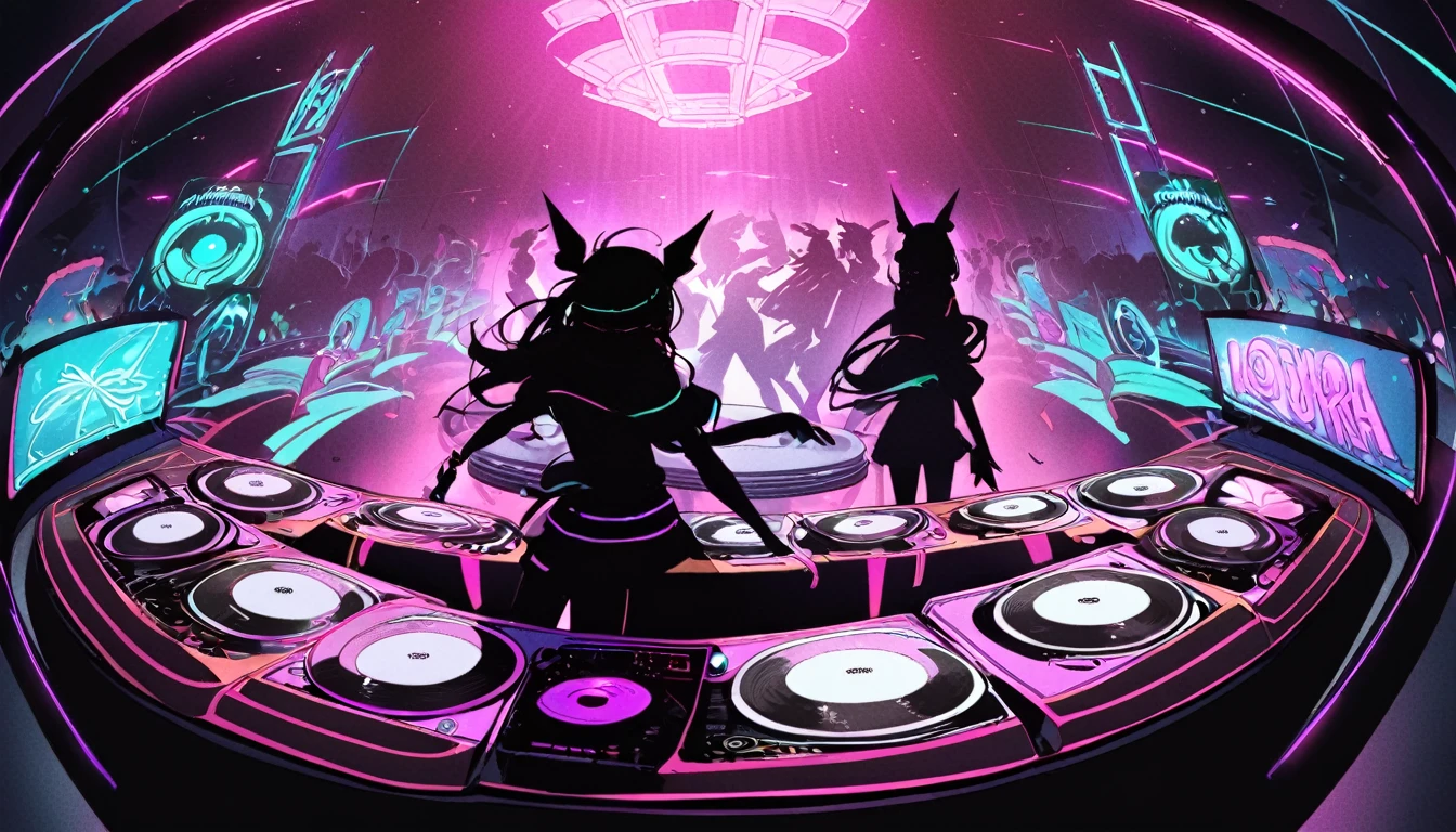 2. A DJ spinning records at a music festival - "Beats and grooves"
3. Silhouettes of dancers in a dark room with neon lights - "Electric ,chat ear