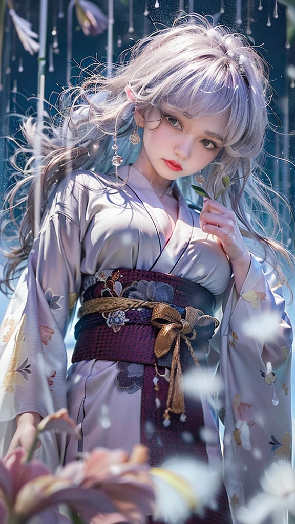 (Realistic:1.5, 16k, highest quality, masterpiece, Ultra-high resolution), (((heavy snow, From below))), Perfect dynamic composition:1.2, (In front of a shrine at night in a modern city, Expressions of sadness:0.9, Low angle shooting:0.9), Highly detailed skin and facial textures:1.2, Young woman getting wet in the rain:1.3, Fair skin:1.2, Sexy beauty:1.1, Incredibly slim body:1.2, beautifully、beautiful:1.1, Very beautiful face:1.2, Water droplets on the skin, (The rain drips down on my body:1.2, Wet body:1.2, Wet Hair:1.3), (Professional kimono dressing:0.7, Holding a bouquet of wet lilies:1.2, Wearing a wet silver kimono:1.3), (Shapely large breasts, Bra is sheer, Chest gap), (Big eyes that exude beautiful eroticism:0.8, Lips that exude beautiful eroticism:0.8), necklace, Earrings, bracelet, wedding ring, Highly detailed and accurate hand and finger representation