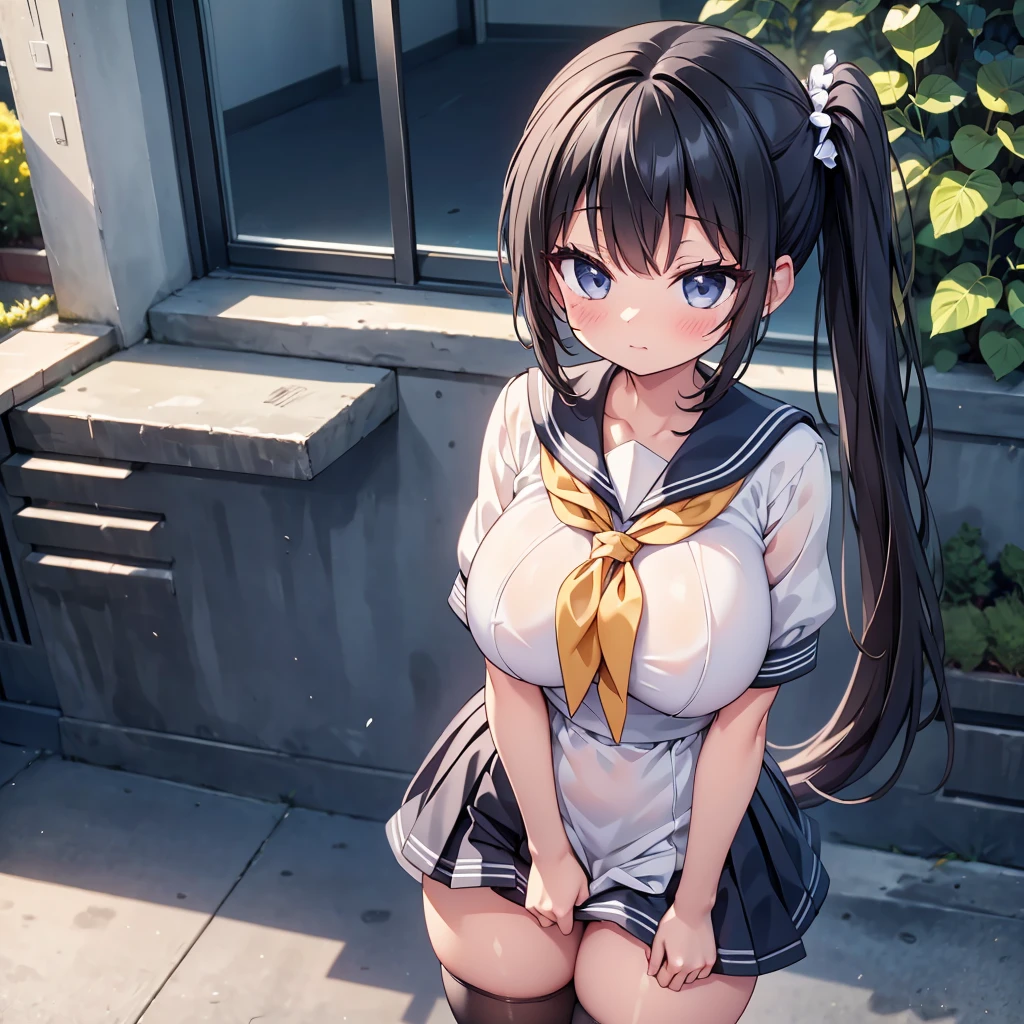 highest quality,wonderful,finely,extremely detailed CG Unity 8K wallpaper, (1 girl, Black Hair, side ponytail),(huge breasts:1.1),(sailor dress:1.3), (black stockings:1.1),(Thighs:1.1),(Waistline:1.1)