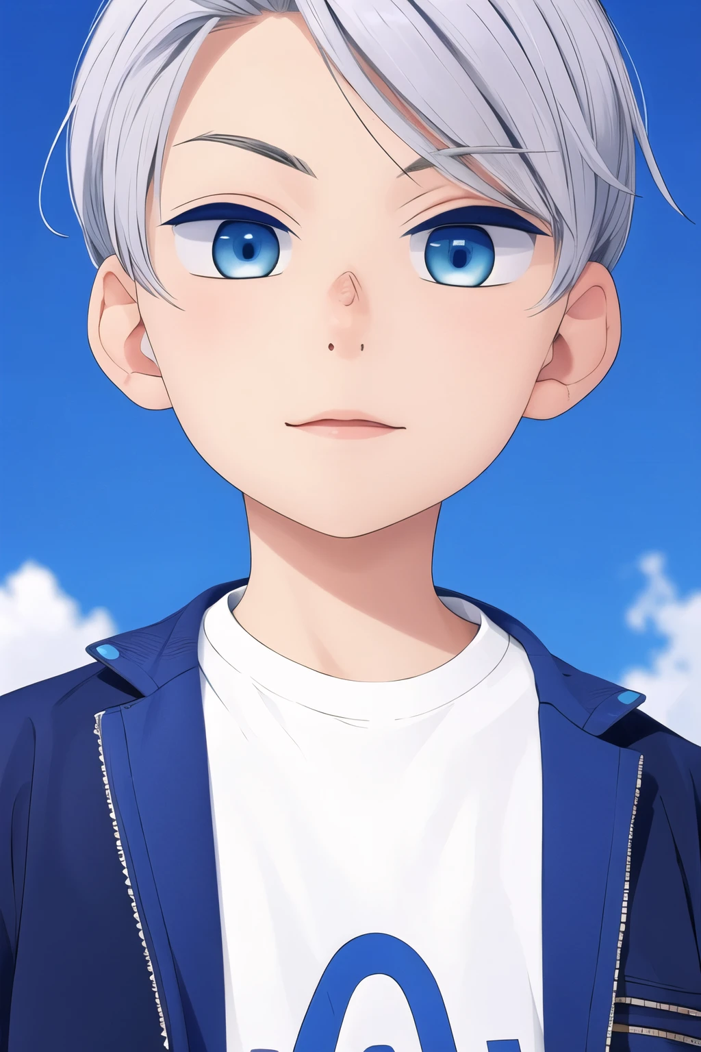 Boy, silver hair, blue eyes, serious sharp features, white skin, T-shirt, jacket