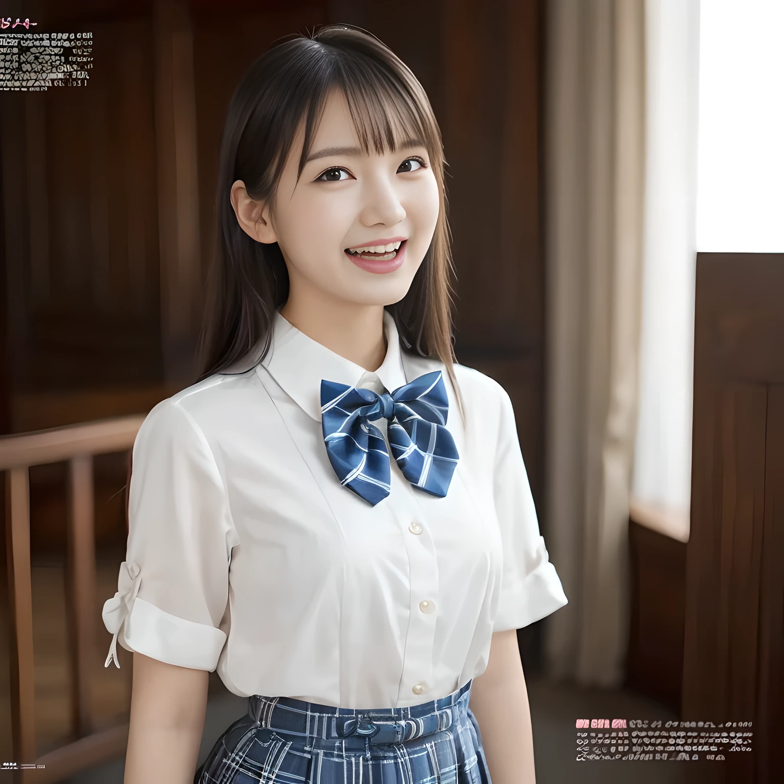 (highest quality、masterpiece:1.2)、highest quality、Realistic、photograph、High resolution、1080p、8K、Fair skin, especially face, Physical Rendering、((Height: 155cm)), one Japanese girl、((((((16 year old beautiful Japanese magazine fashion model looking at the viewer)))))), school summer uniform, (((big very detailed beautiful dark brown eyes))), ((((impressive plain navy large school ribbon bow tie in plain)))), ((((black very beautiful and very very long straight straight hair)))), ((((A light gray box-pleated box-pleated skirt)))), ((A yellow ivory colored blouse with puffed short sleeves and frills)), (((((((laughing cutely and looking at me!))))))), detailed fingers, (((curled blunt bangs))), ((Very large and cute eyes, carefully drawn with great attention to detail)), ((double eyelids)), (((long eyelashes))), ((cute lovely lovely laughing laughing cheeks)), ((Pure white light hits her face from above and in the front, making her skin and eyes shine beautifully.)), ((Strong light hits the nose and cheeks、It brings out the richness of the expression.)), ((The skirt is very cute)), (((((Her facial features are very expressive lovely smile, very very cute, very very intelligent.))))), (((Shooting from the side))), ((Luxury palace staircase))
