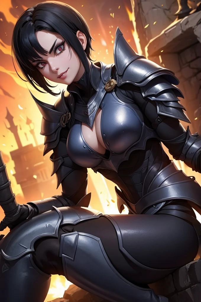 mulher jovem,short black hair , badass , full ancient armor,coxas torneadas,Evil Smile