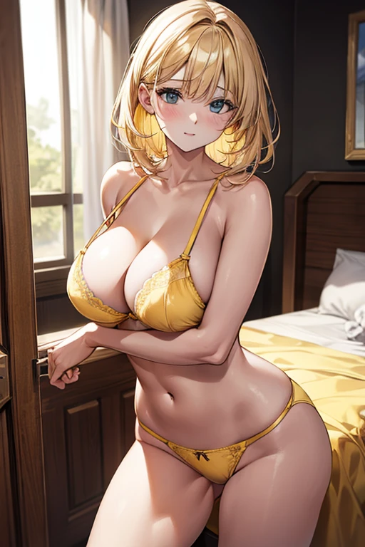 Yellow Bra,Yellow panties,Beautiful woman,Big Breasts,Thigh,Model pose