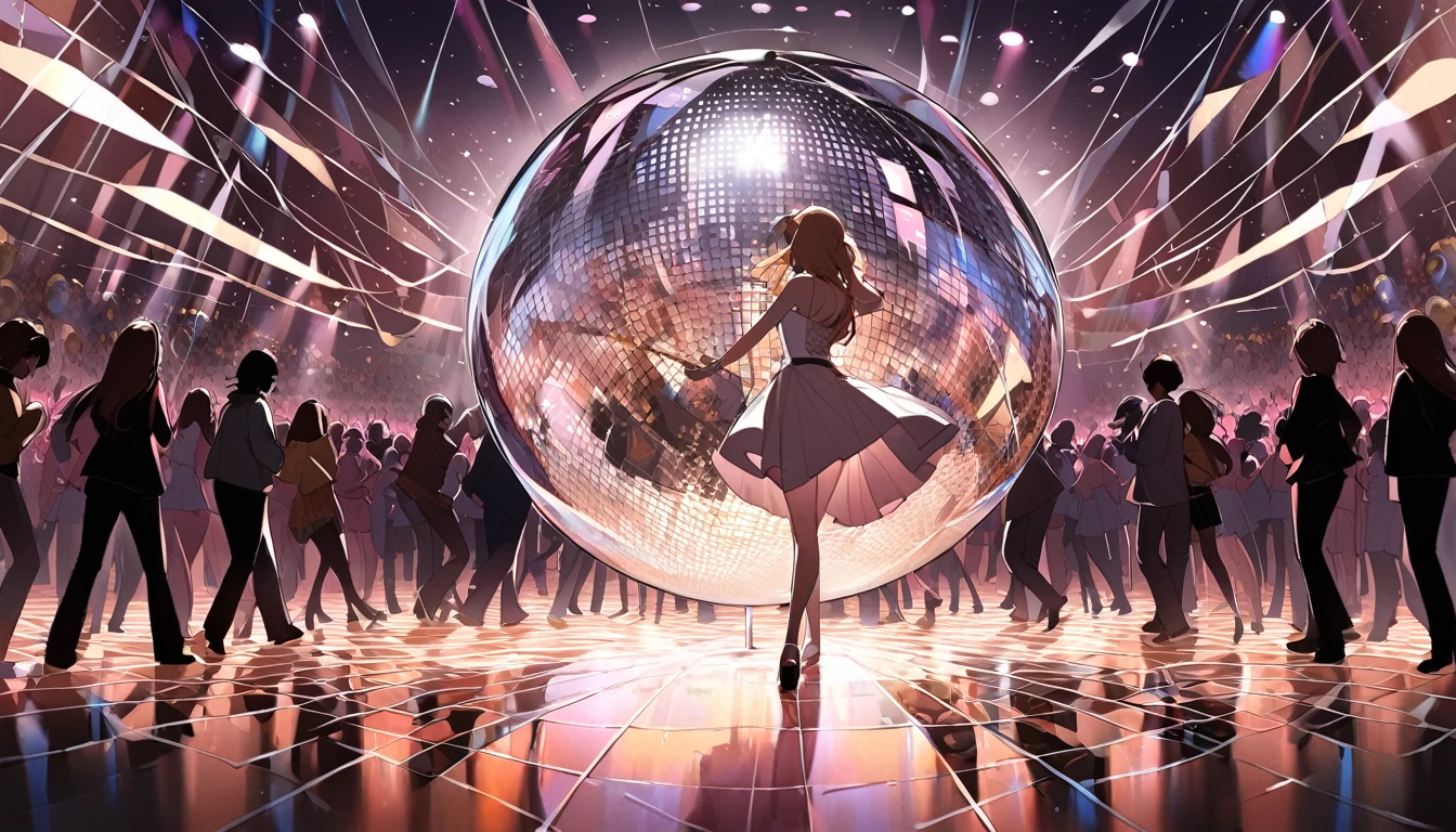 A disco ball casting reflections on a crowded dance floor - "Mirror ball madness",chat ear