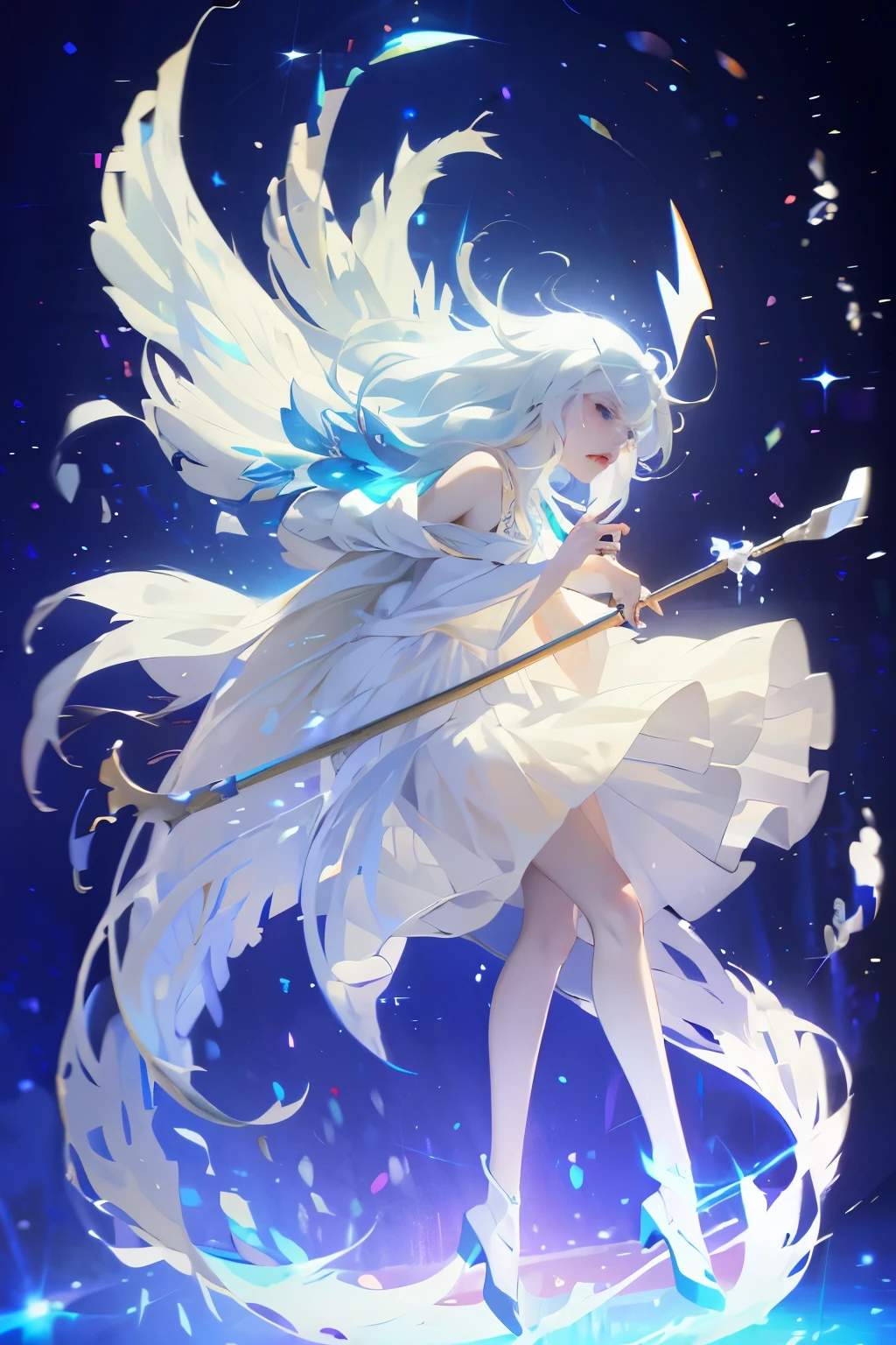 Anime girl with long white hair and blue skirt in the snow, White-haired deity, White hair floating in the air, Anime Fantasy Illustration, Flowing white hair, Beautiful young wind elf, Beautiful fantasy anime, shiny flowing hair, Ethereal Anime, beautiful anime artwork, Beautiful digital art work, Anime Fantasy Artwork, ((beautiful fantasy queen)), 2. 5 d cgi Anime Fantasy Artwork