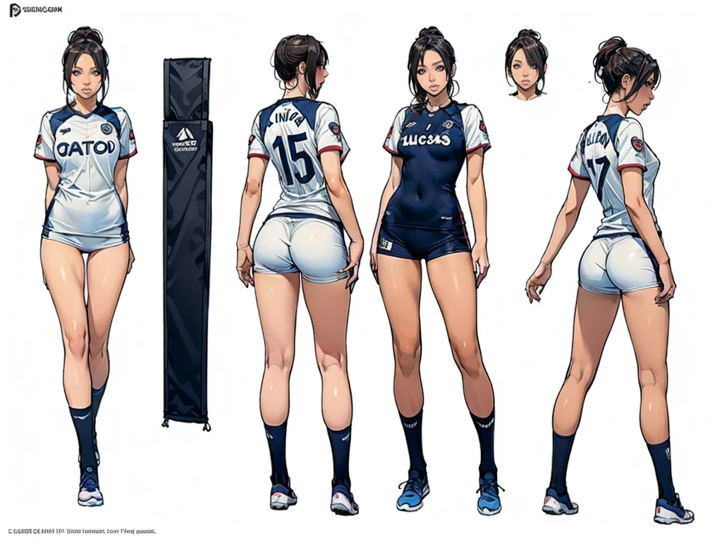 ((masterpiece)),(((best quality))),((character design sheet)), ((full body view)),((vulgar)), illustration,thick thighs,1girl,Big-breasted,wearing an Vile soccer uniforms