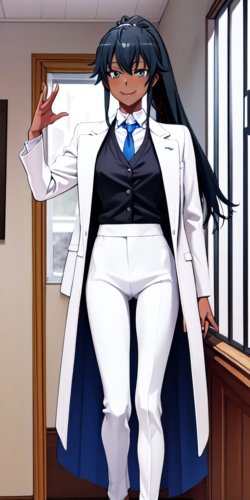 ((best quality)), ((masterpiece)), (detailed) 1girl 1girl, ;\), blurry, blurry_background, breasts, , hair_ponytail ribbon, looking_at_viewer, ok_sign, one_eye_closed, open_hand, Yukinoshita Yukino ,Woman wearing formal clothes, An attractive coat stands in a large gap in the room , 1girl, solo, blue necktie, Black hair, eyes blue, long hair, smile , collared shirt, white pants, white shirt , Elegantly designed coat , Stand in front of a window ,Perfectly tailored tailcoat. It has a stunning Victorian design and is made of lustrous fabric, dark skin gyaru black skin