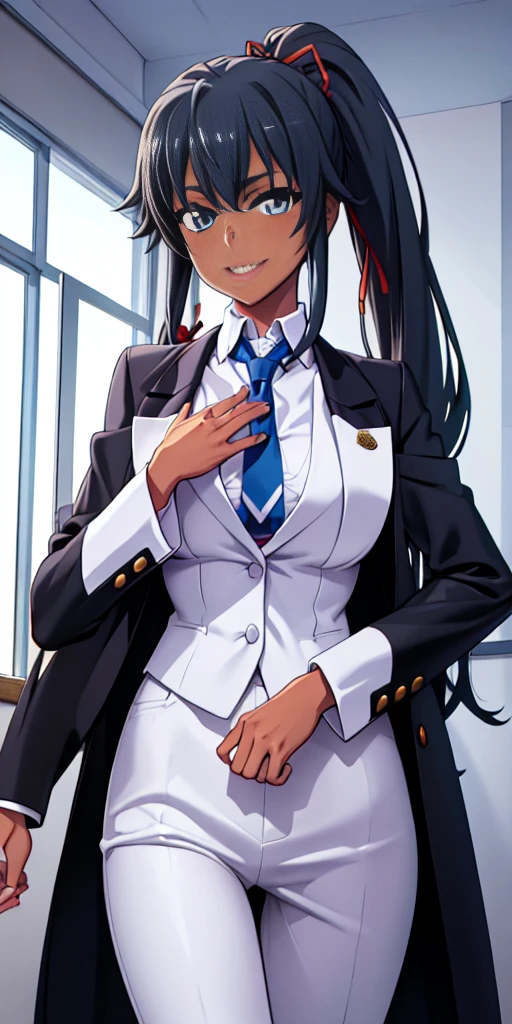((best quality)), ((masterpiece)), (detailed) 1girl 1girl, ;\), blurry, blurry_background, breasts, , hair_ponytail ribbon, looking_at_viewer, ok_sign, one_eye_closed, open_hand, Yukinoshita Yukino ,Woman wearing formal clothes, An attractive coat stands in a large gap in the room , 1girl, solo, blue necktie, Black hair, eyes blue, long hair, smile , collared shirt, white pants, white shirt , Elegantly designed coat , Stand in front of a window ,Perfectly tailored tailcoat. It has a stunning Victorian design and is made of lustrous fabric, dark skin gyaru black skin